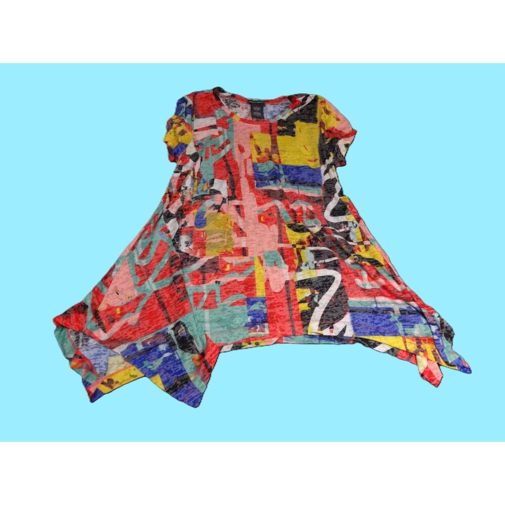 Chelsea & Theodore Multicolor Abstract High Low Handkerchief Hem Top Size Large - Picture 4 of 7